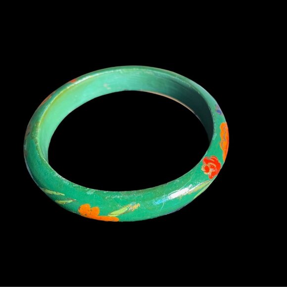 Handcrafted Wooden Floral Bangle Set Boho Chic Hand Painted Colorful Retro Artsy - Picture 2 of 8